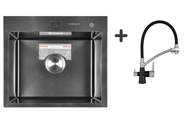 Комплект кухонная мойка из нержавеющей стали с PVD покрытием GERHANS K35044B со смесителем