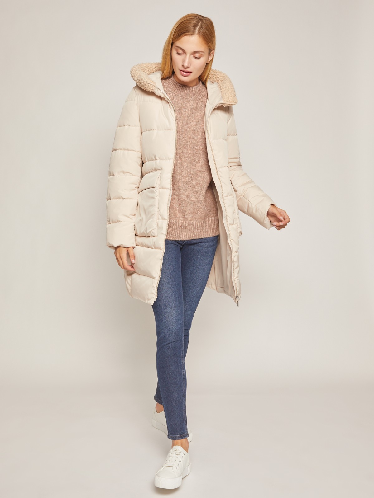 фото Тёплое пальто с капюшоном zolla, цвет молоко, размер s