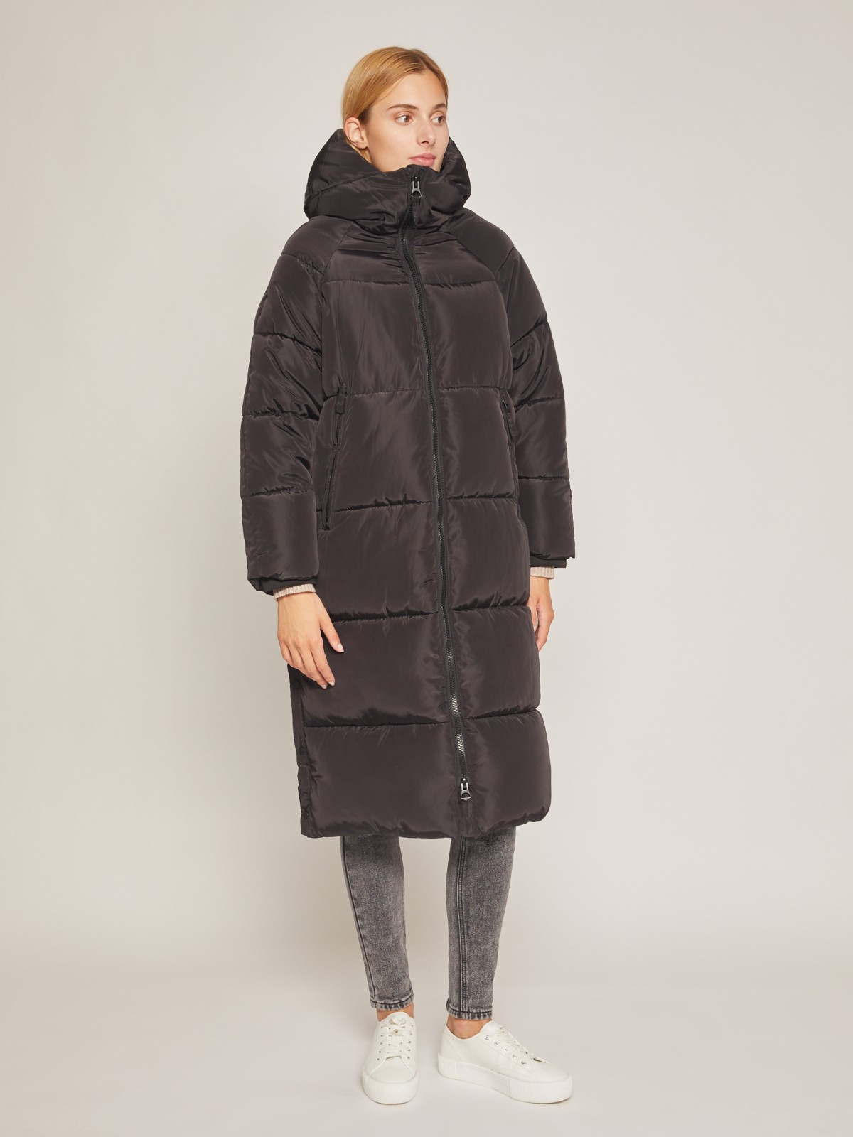 фото Тёплое oversize пальто с капюшоном zolla, цвет черный, размер l