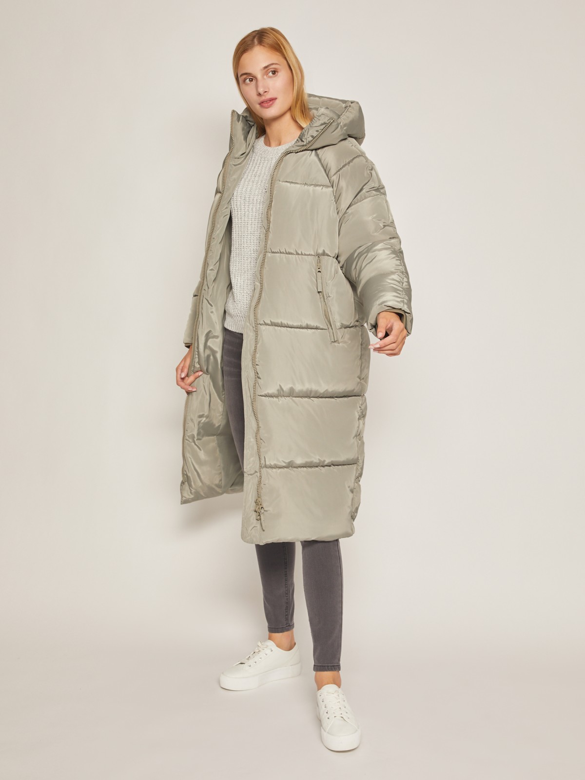фото Тёплое oversize пальто с капюшоном zolla, цвет хаки, размер xs