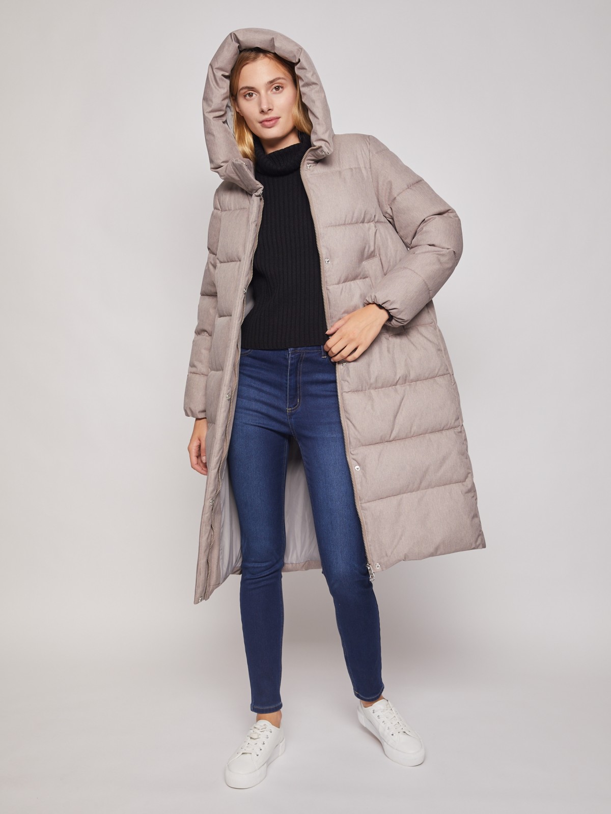 фото Тёплое длинное пальто с капюшоном zolla, цвет бежевый, размер s
