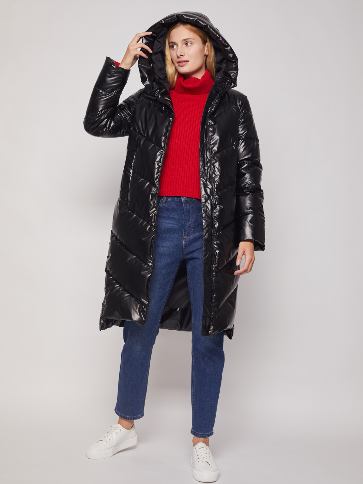 фото Тёплое стёганое пальто с капюшоном zolla, цвет черный, размер l