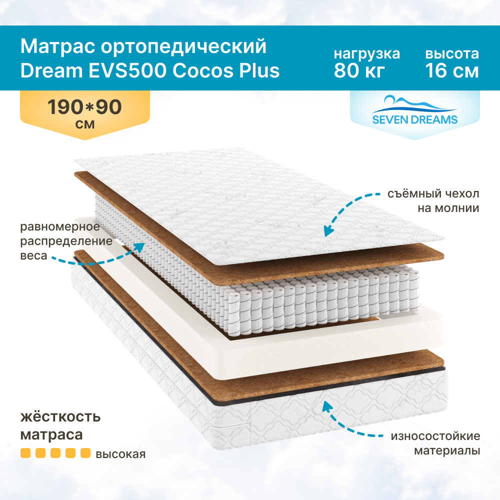 

Матрас SevenDreams EVS500 Cocos Plus 90 на 190 см, Dream EVS500 Cocos