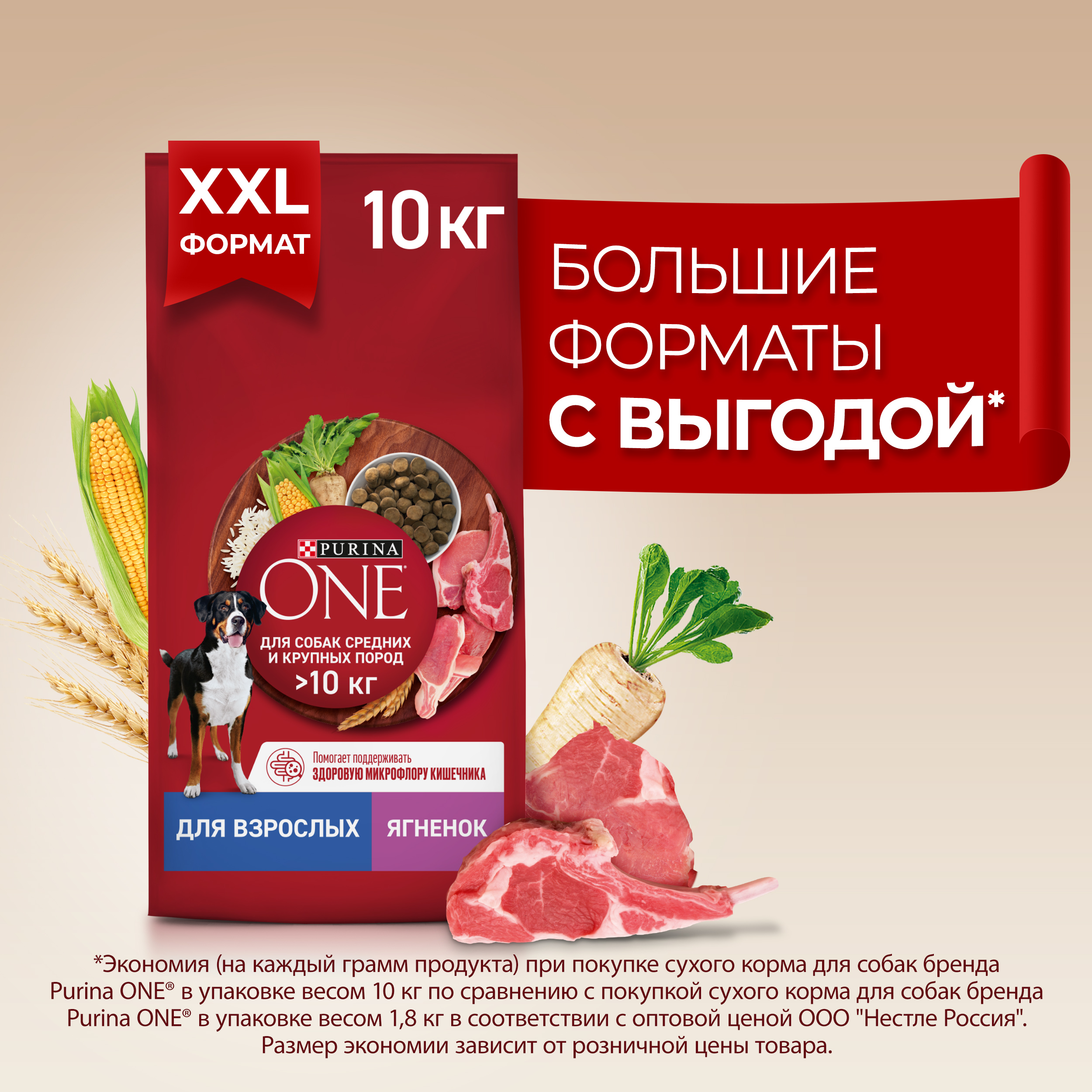 Сухой корм для собак Purina ONE для средних и крупных пород с ягненком и рисом, 10 кг