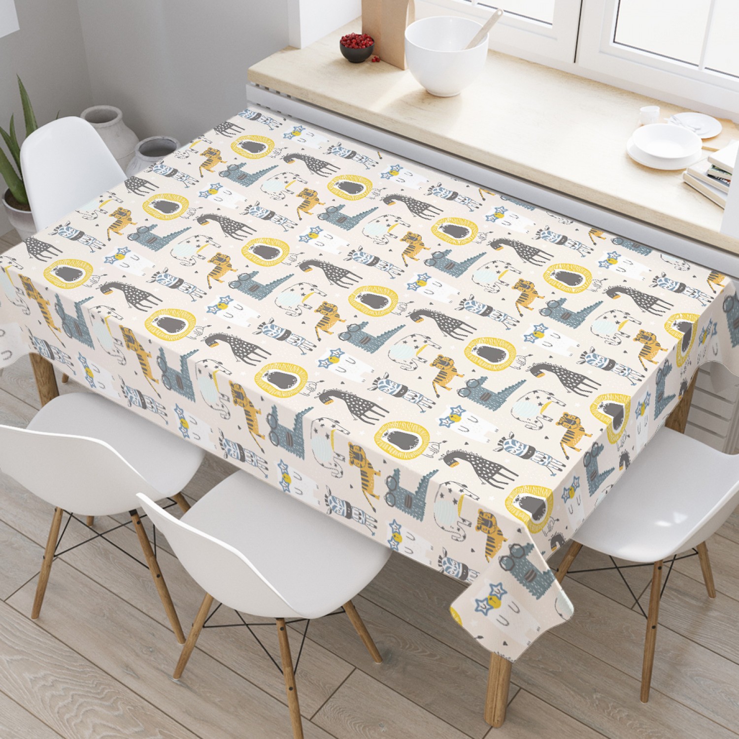 

Скатерть прямоугольная на кухонный стол JoyArty "Тигр и слон" из оксфорда, 180x145 см, Белый, Тигр и слон