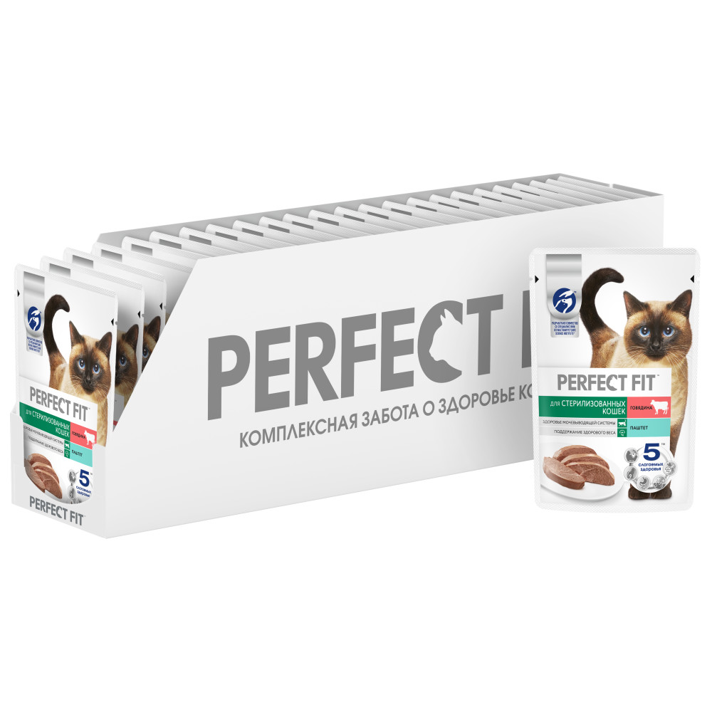 

Влажный корм для кошек Perfect Fit, паштет с говядиной, 24шт по 75г, Sterile
