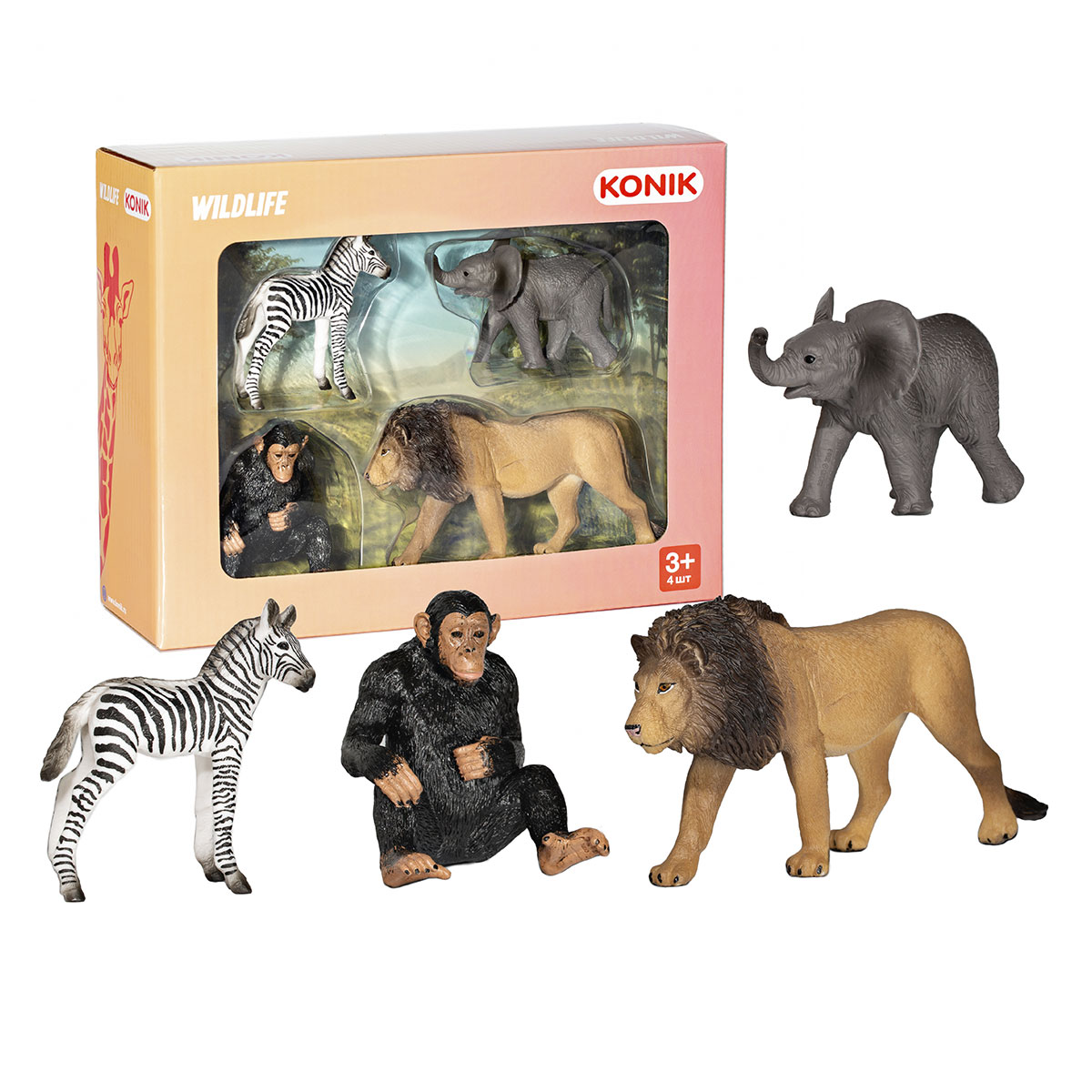 Набор диких животных KONIK лев, шимпанзе, слоненок, зебра