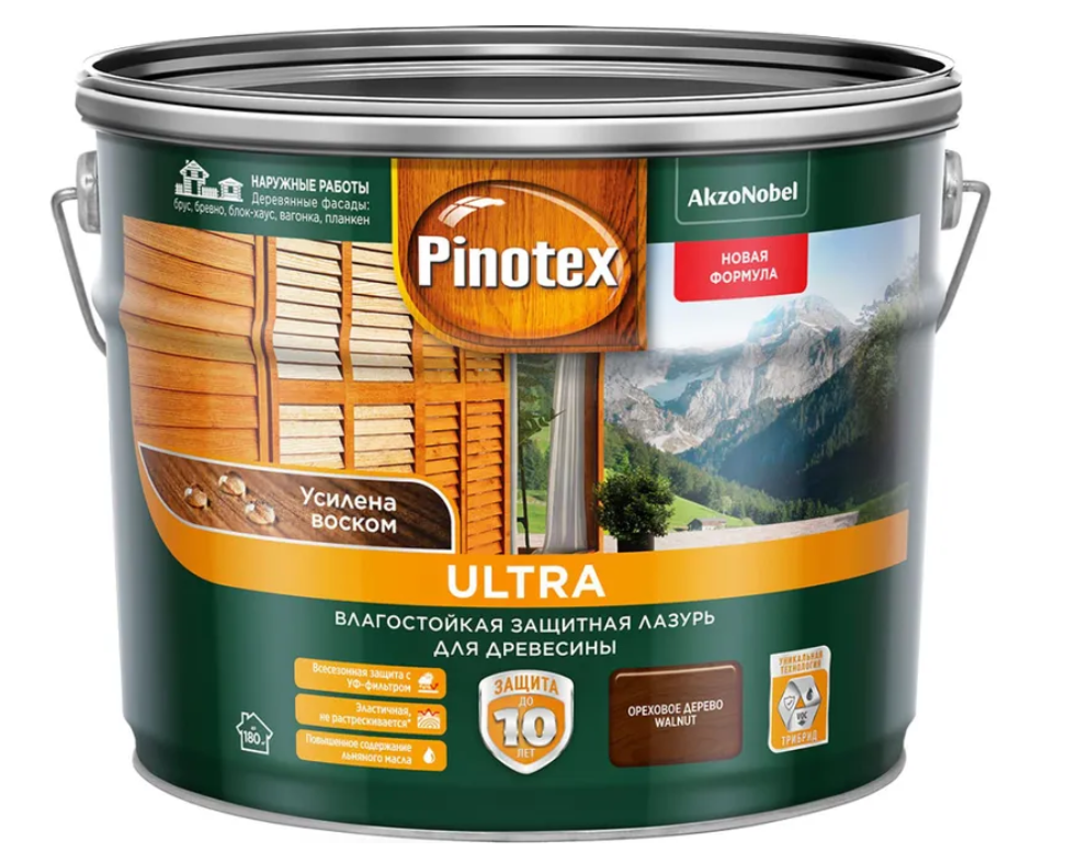 

Пропитка декоративная для защиты древесины Pinotex Ultra AWB полуглянцевая орех 9 л., Ultra AWB