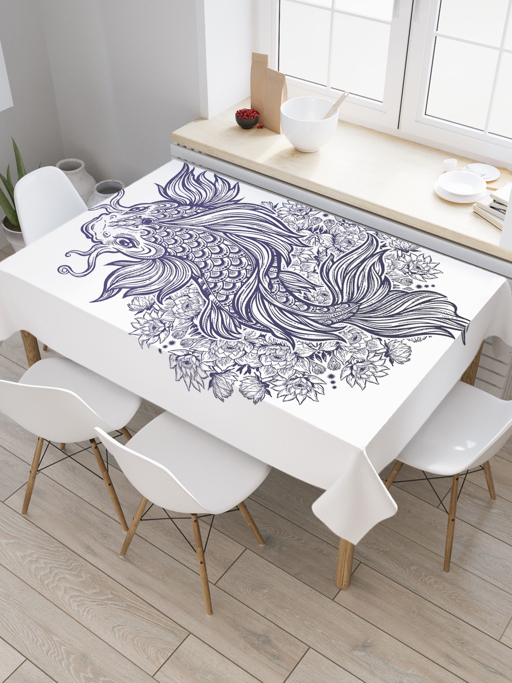 

Скатерть прямоугольная JoyArty "Карп кои в цветах" из оксфорда, 120x145 см, Белый, Карп кои в цветах