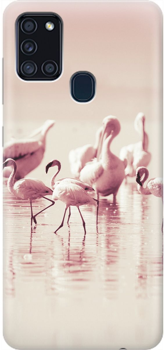 

Силиконовый чехол на Samsung Galaxy A21s "Розовые фламинго", Белый;розовый, 1969