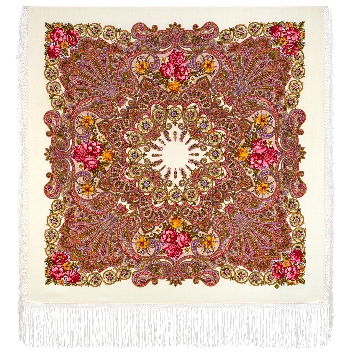 Платок женский Павловопосадский платок 1370 розовый/бежевый, 148х148 см