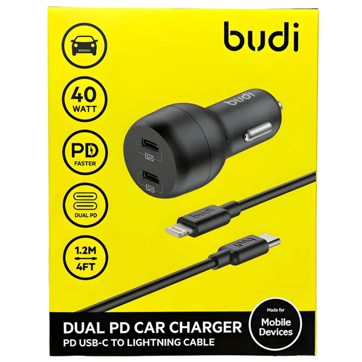 Автомобильное зарядное устройство Budi Dual PD 40w + Кабель Type-C - Lightning