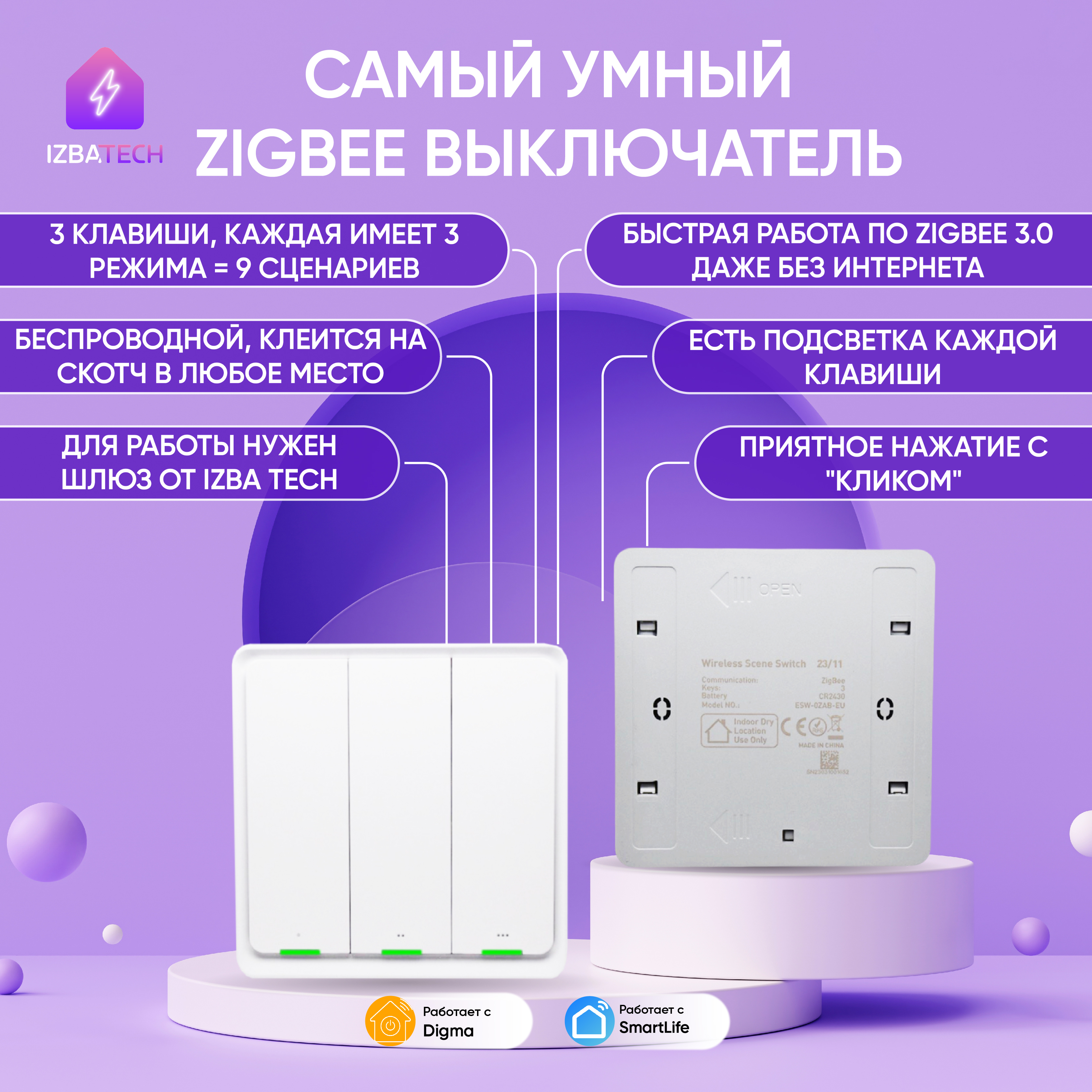 Умный беспроводной трехклавишный выключатель Zigbee на батарейках Izba Tech 00159-4 белый