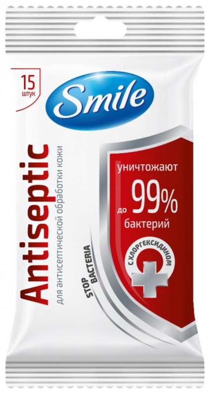 фото Влажные салфетки с хлоргексидином smile, antiseptic, 15 штук, 50 г