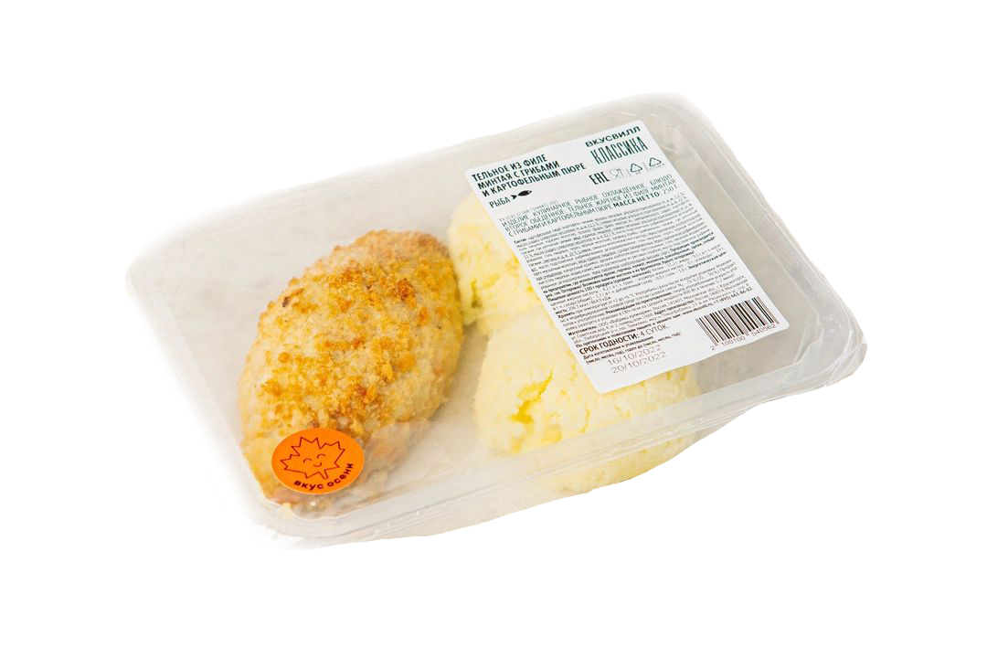 

Тельное жареное из филе минтая ВкусВилл с грибами и картофельным пюре 250 г
