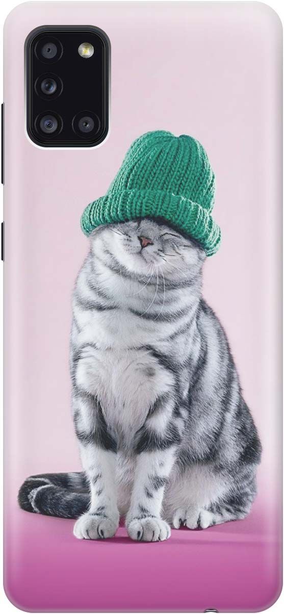 

Силиконовый чехол на Samsung Galaxy A31 "Кот в зеленой шапке", Розовый;серый, 190