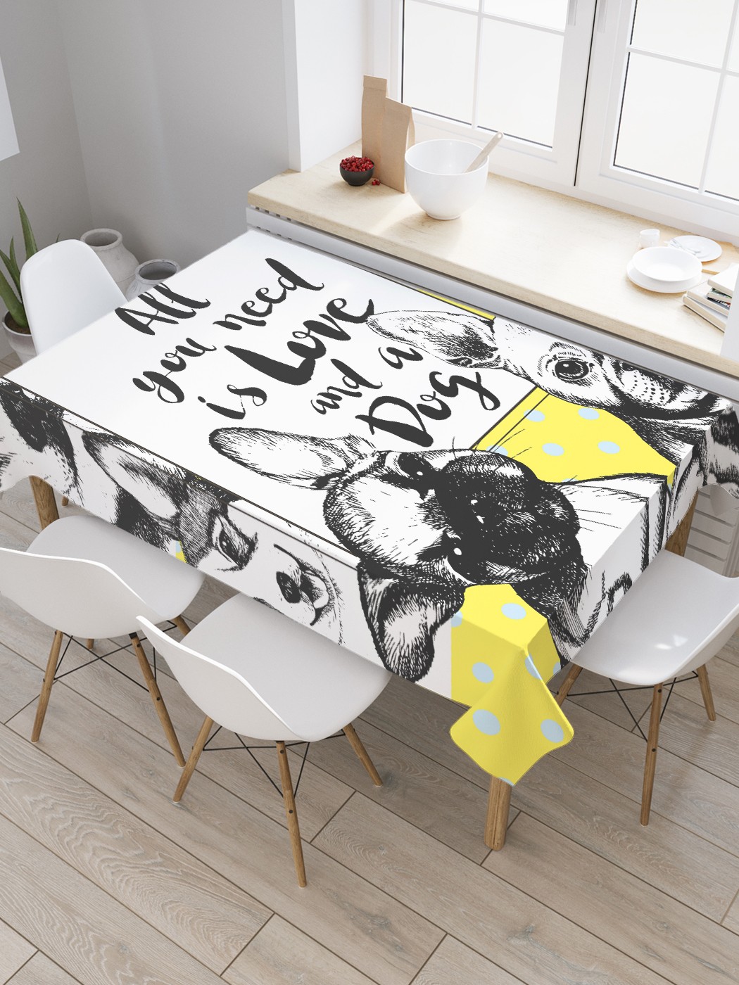 

Скатерть прямоугольная JoyArty "Любовь и собака" из оксфорда, 120x145 см, Белый, Любовь и собака