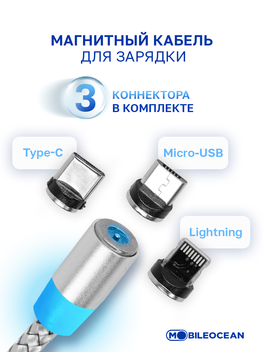 Кабель USB магнитный Type C, Lightning, microUSB (3в1) с подсветкой, 1м (Silver)