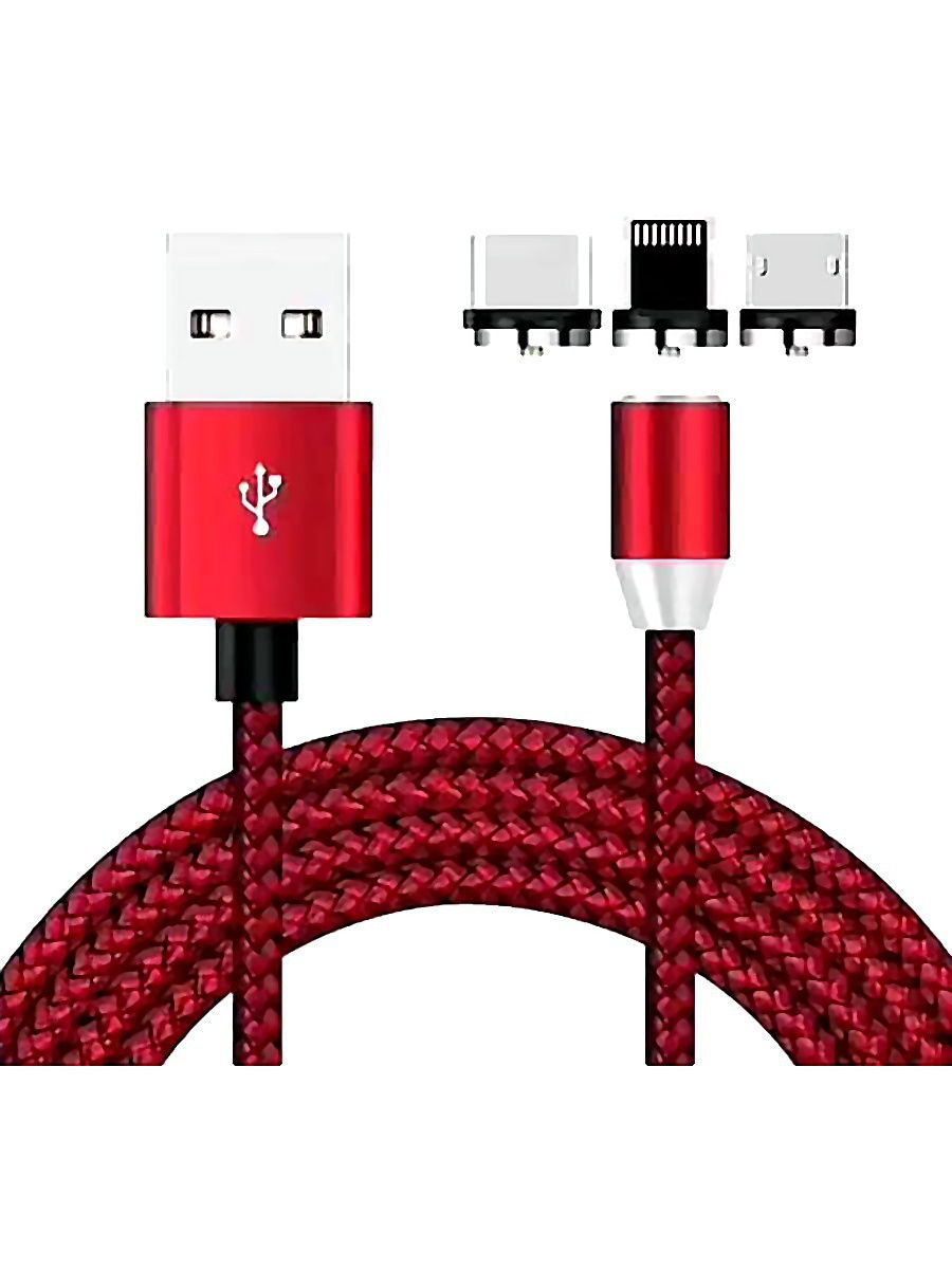 фото Кабель mobileocean usb магнитный type c, lightning, microusb (3в1) с подсветкой, 1м (red)