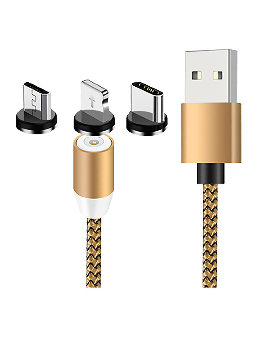 фото Кабель mobileocean usb магнитный type c, lightning, microusb (3в1) с подсветкой, 1м (gold)