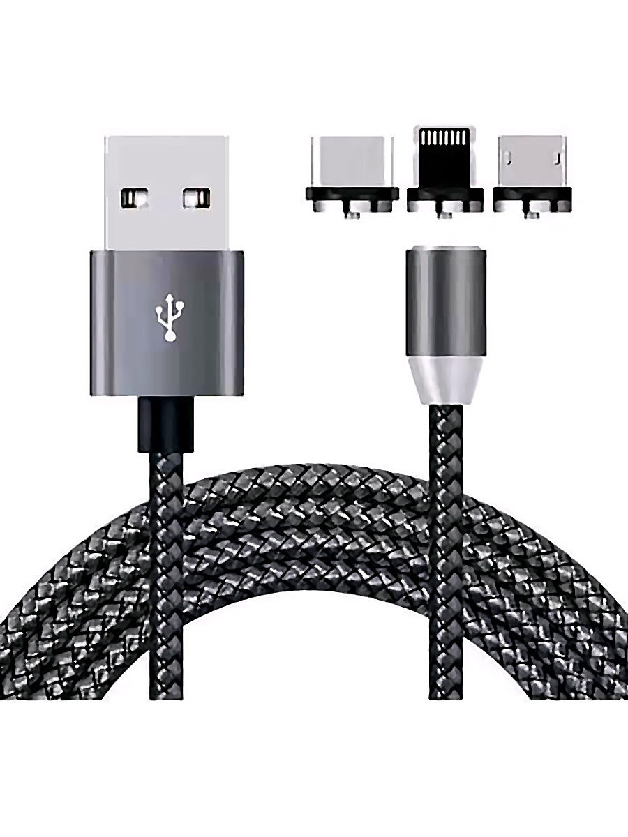 фото Кабель usb магнитный type c, lightning, microusb (3в1) с подсветкой, 1м (carbon) mobileocean