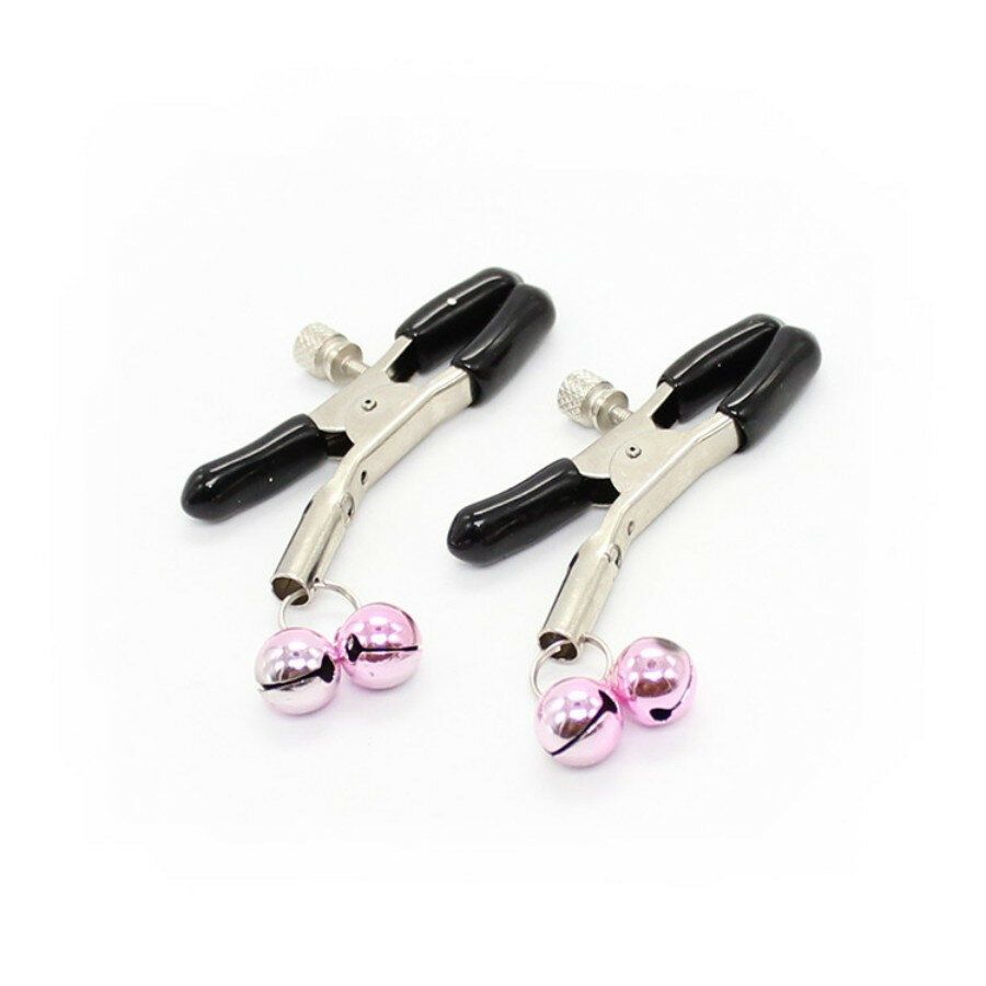 Зажимы для сосков KISSEXPO серебристо-черные с двойным бубенчиком розовым