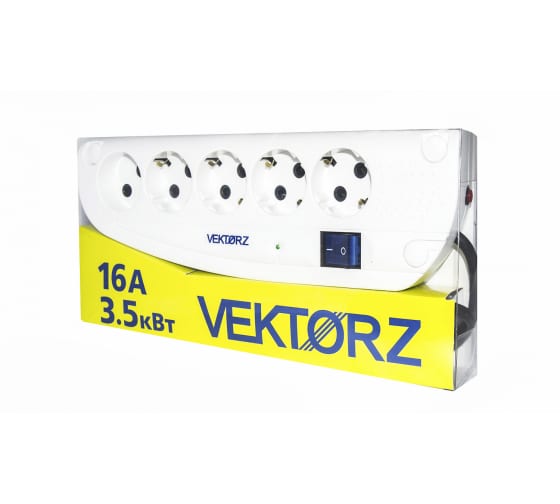 

Фильтр сетевой VEKTOR Z, 4 роз. c/з, + 1 роз б/з, 1,8м (3,5кВт, 16А), белый, Сетевой фильтр