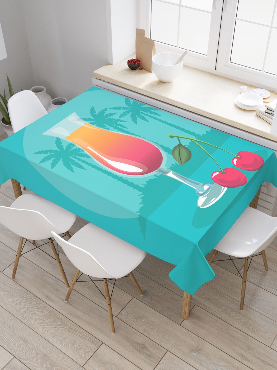 

Скатерть прямоугольная JoyArty "Вишенки к коктейлю" из оксфорда, 120x145 см, Голубой, Вишенки к коктейлю