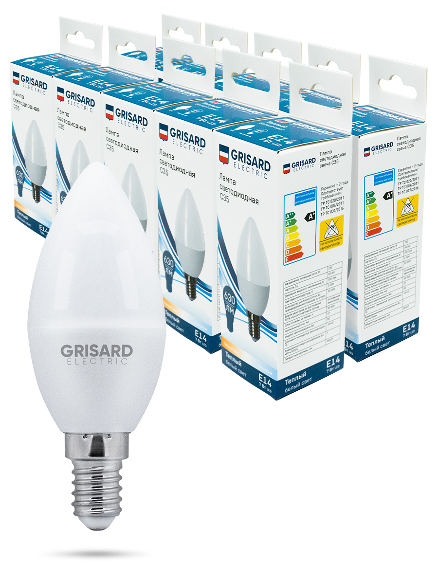 фото Лампа светодиодная grisard electric свеча c35 е14 7вт 3000к 220в 10 штук/уп