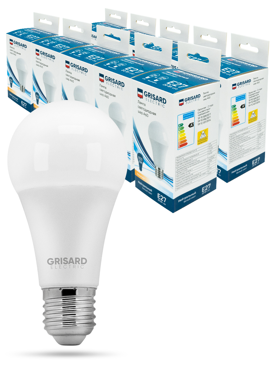 фото Лампа светодиодная grisard electric шар a60 е27 20вт 4000к 220в 10 штук/уп