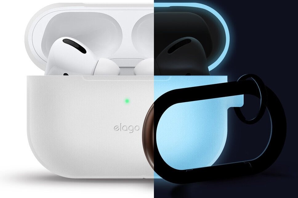 фото Чехол с карабином elago slim silicone hang case airpods pro белый с синим свечением