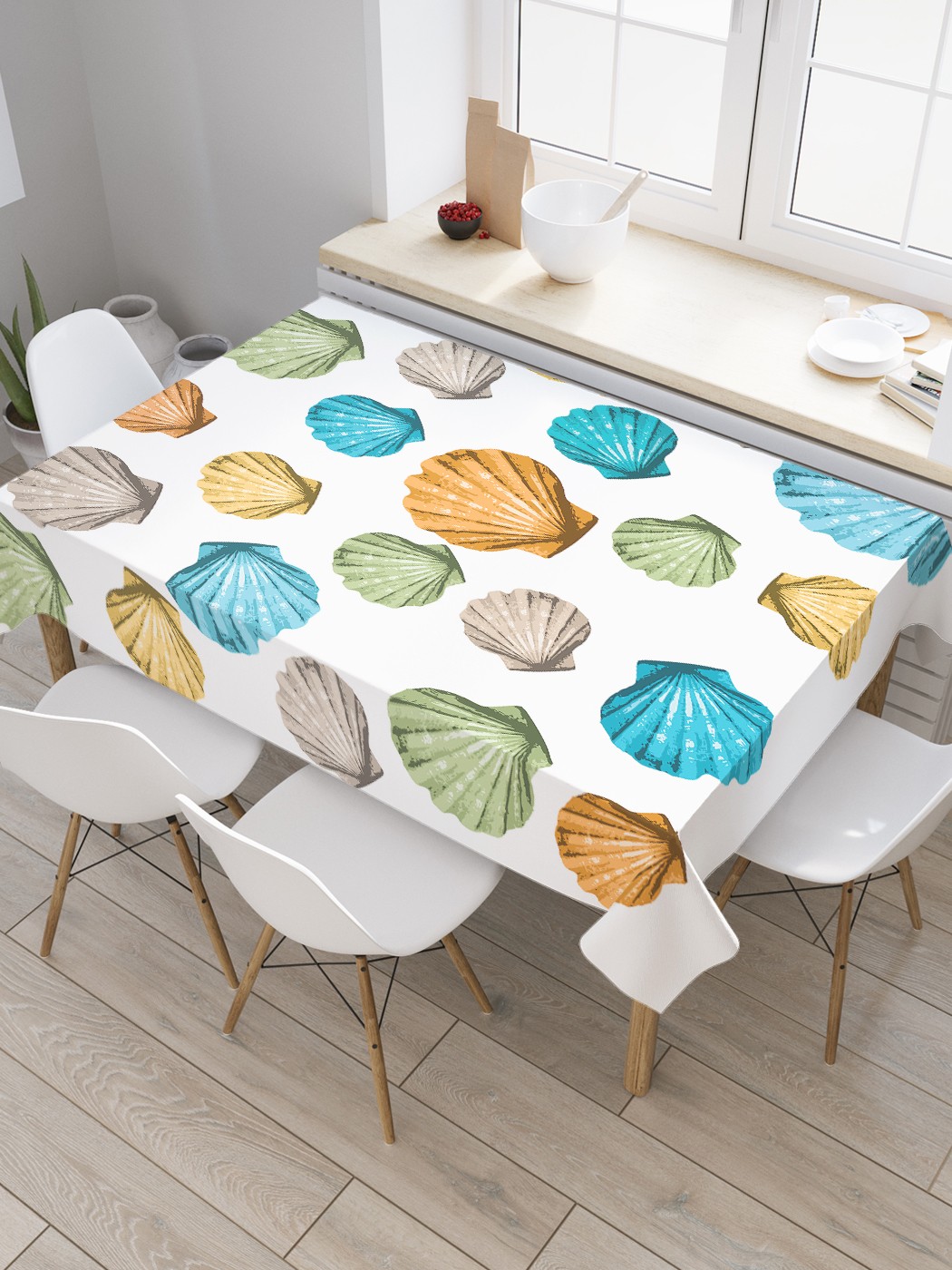 

Скатерть прямоугольная JoyArty "Цветные моллюски" из оксфорда, 120x145 см, Белый, Цветные моллюски