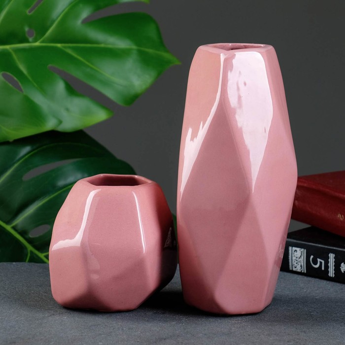 фото Набор кашпо с вазой "геометрия", 0,38 и 0,25 л, 9,5 / 19 см, розовый вятская керамика