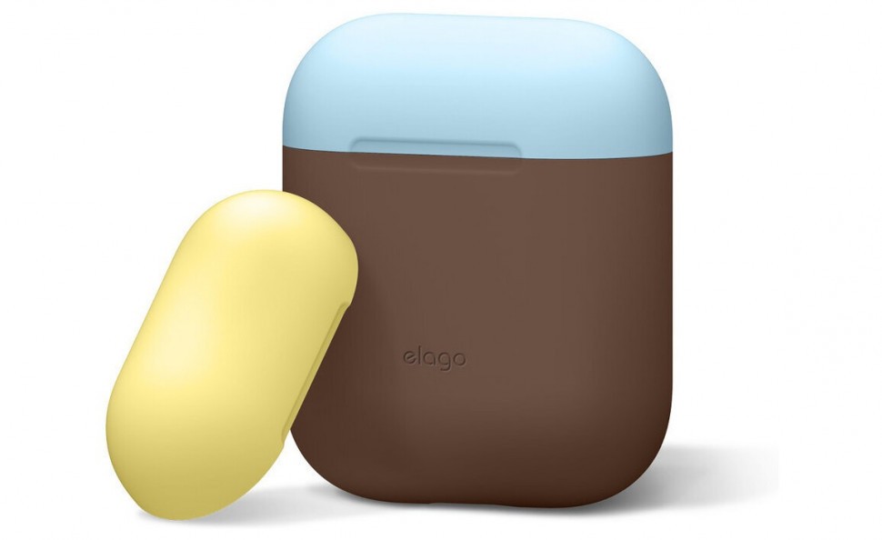 фото Силиконовый чехол elago duo case airpods 1&2 коричневый с голубой и желтой крышками