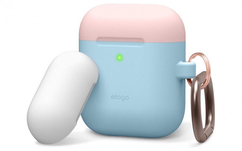 фото Чехол с карабином elago duo hang case airpods 1&2 голубой с розовой и белой крышками