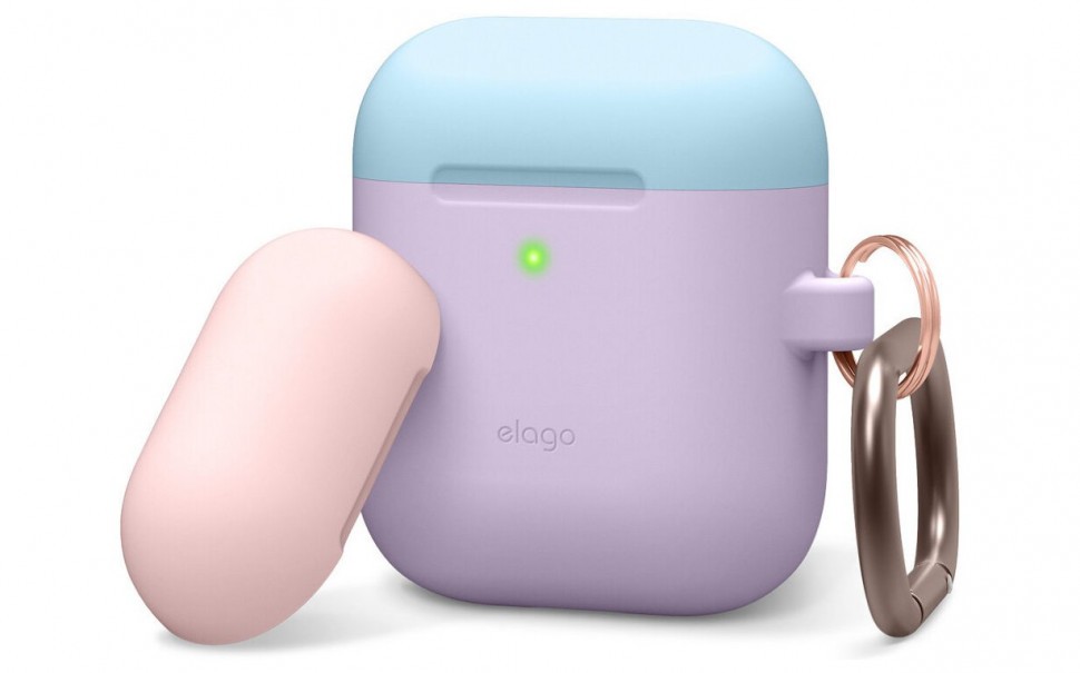 фото Чехол с карабином elago duo hang case airpods 1&2 лавандовый с голубой и розовой крышками