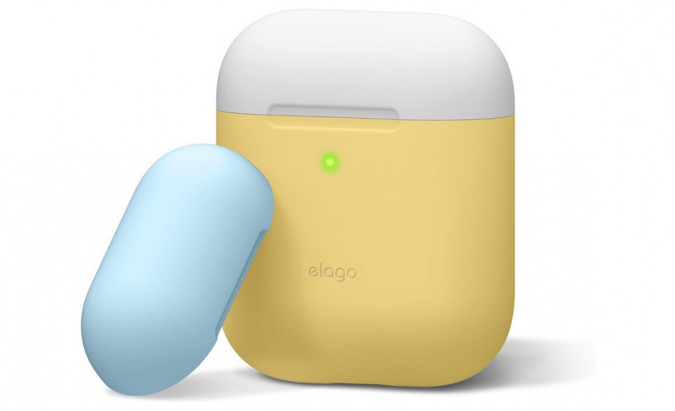 фото Силиконовый чехол elago duo case airpods 1&2 желтый с белой и голубой крышками