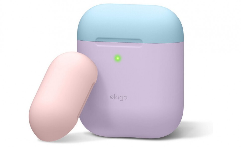 фото Силиконовый чехол elago duo case airpods 1&2 лавандовый с розовой и голубой крышками