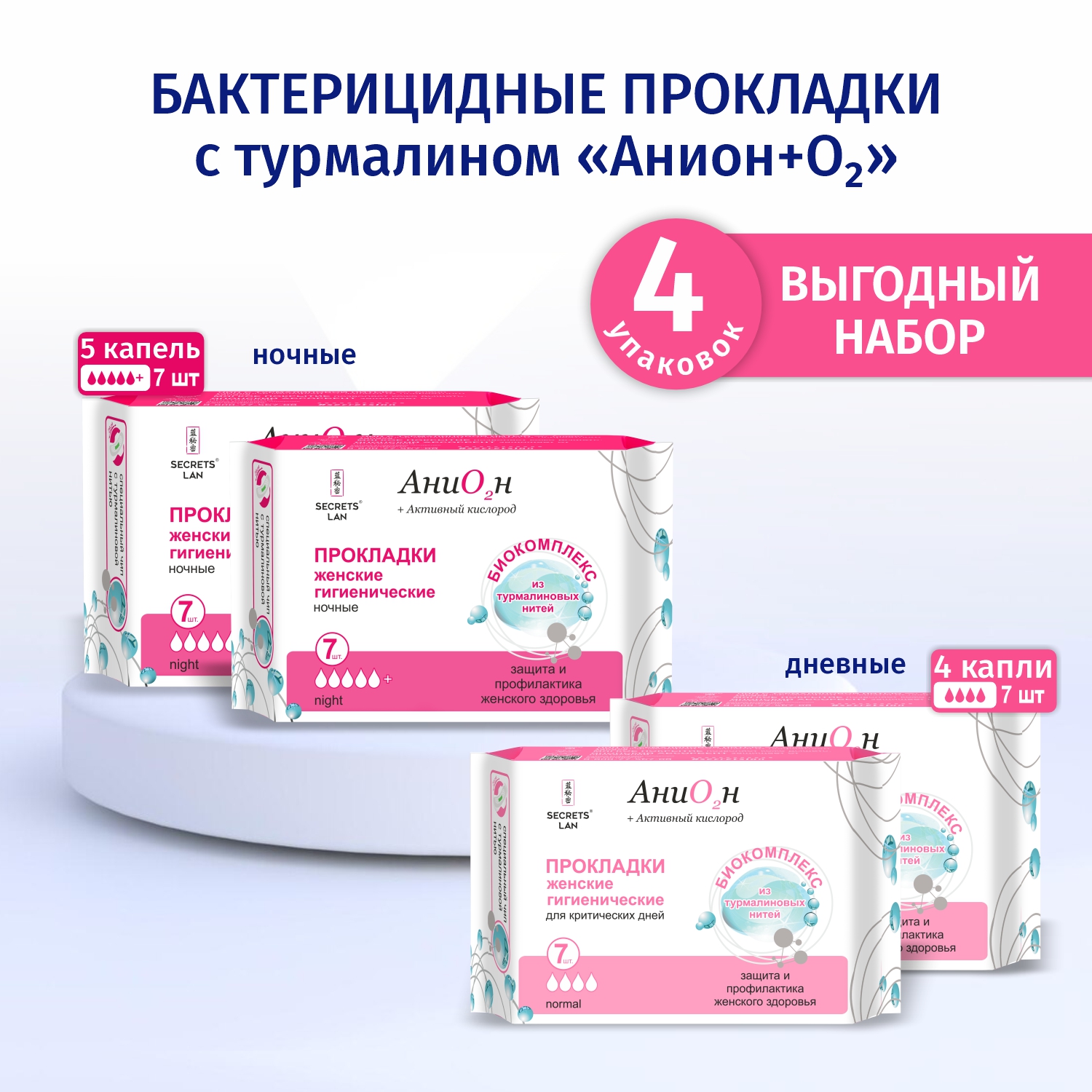 Прокладки анионовые Secrets Lan день+ночь набор, 4 упаковки по 7 шт