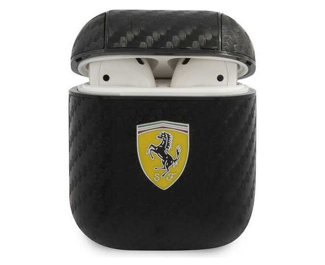 фото Чехол cg mobile ferrari pu carbon effect with metal logo airpods 1&2 черный (fesa2cabk)