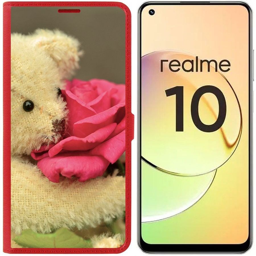 

Чехол-книжка Eco Book для Realme 10 4G Медвежонок с розой, Красный