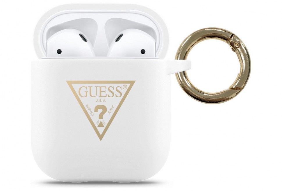 фото Чехол с карабином guess silicone case triangle logo with ring airpods 1&2 белый cg mobile