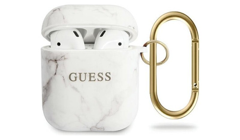 фото Чехол с карабином cg mobile guess tpu case with ring marble design airpods 1&2 белый