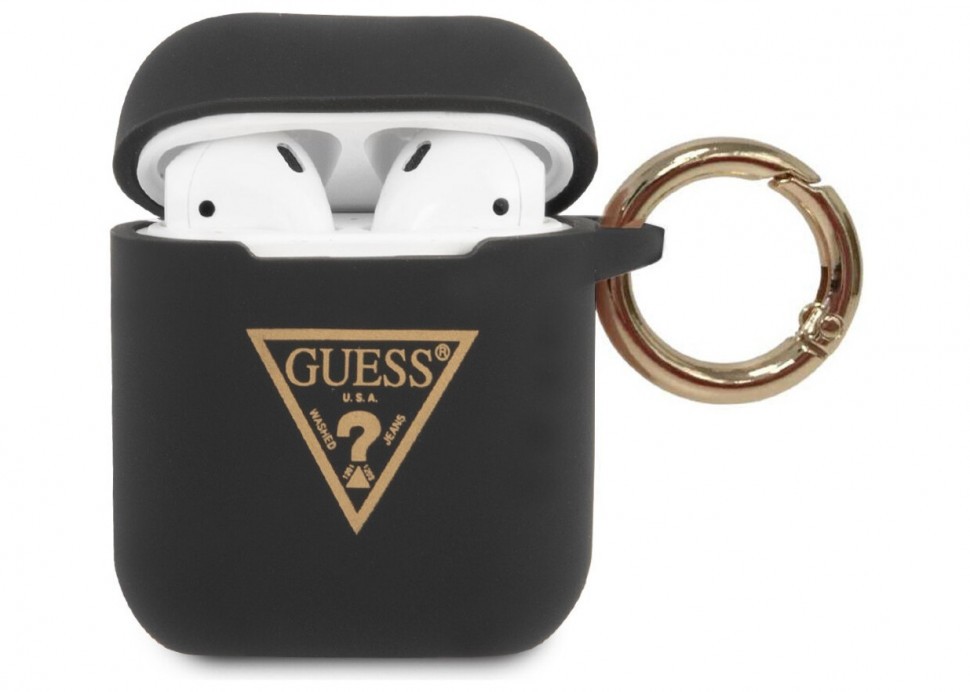 фото Чехол с карабином guess silicone case triangle logo with ring airpods 1&2 черный cg mobile