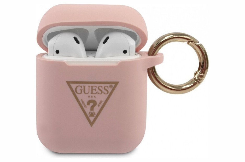 фото Чехол с карабином guess silicone case triangle logo with ring airpods 1&2 розовый cg mobile