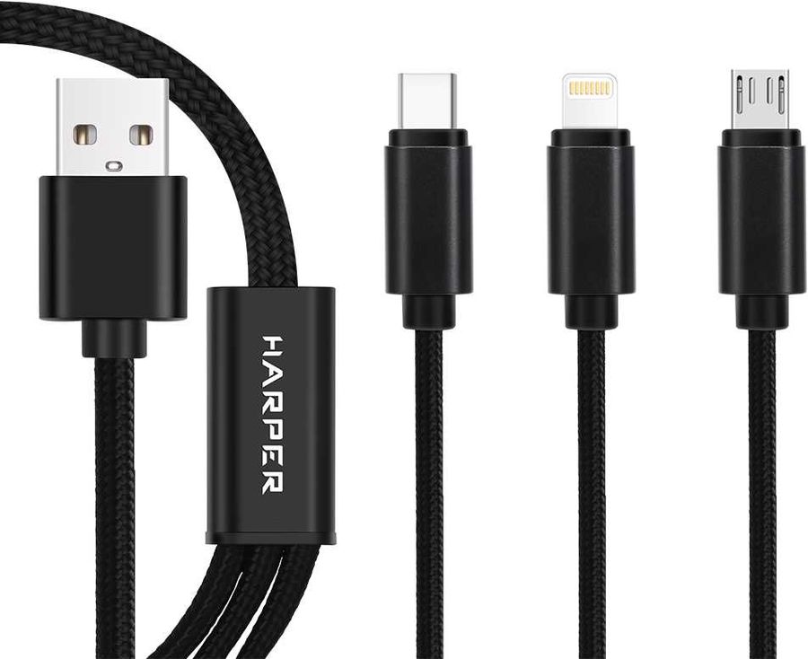 Кабель HARPER BRCH-910 USB A(m), micro USB B (m), Lightning (m), USB Type-C (m) 1.2м Black