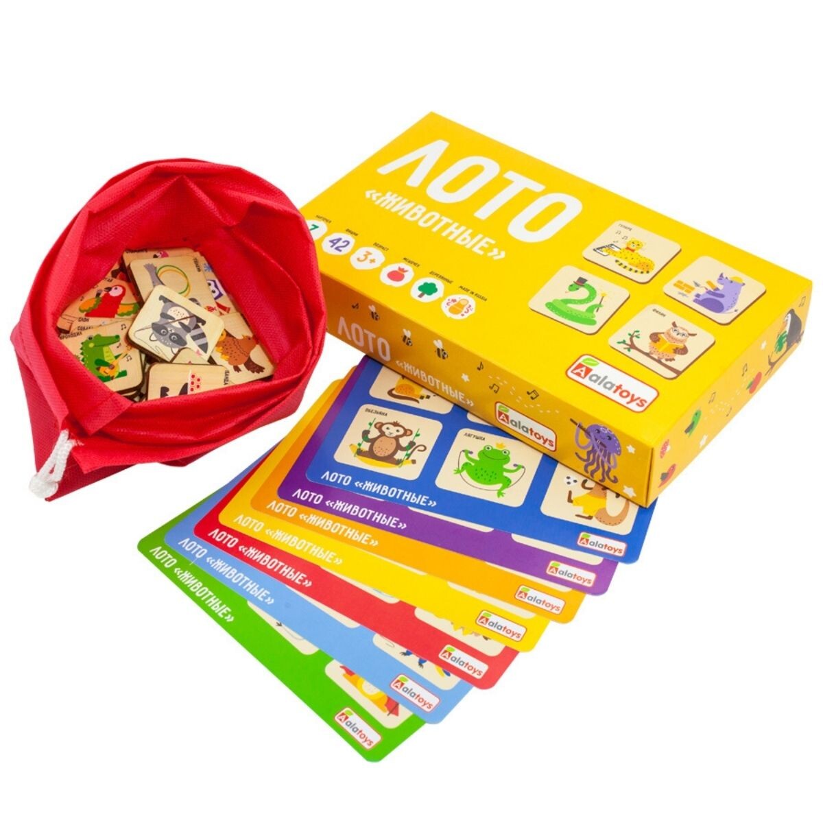 

Настольная детская игра Alatoys лото животные 42 фишки, 7 карточек 0ЛТ08, лото животные