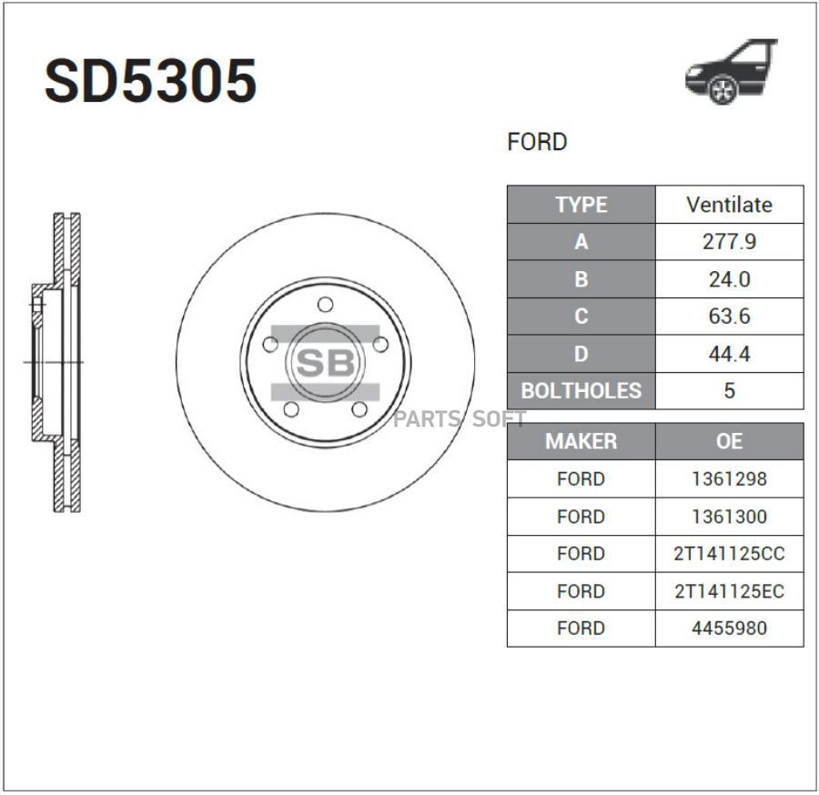 

Диск Тормозной Ford Transit 1 8d 02- Передний Вент Sangsin brake SD5305