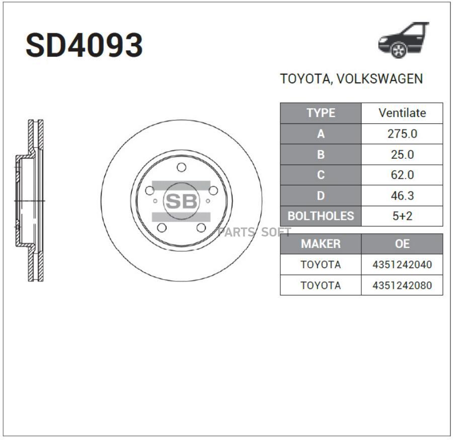 

Диск Тормозной Передний Vw Golf Iv Sd4093 Sangsin brake арт. SD4093