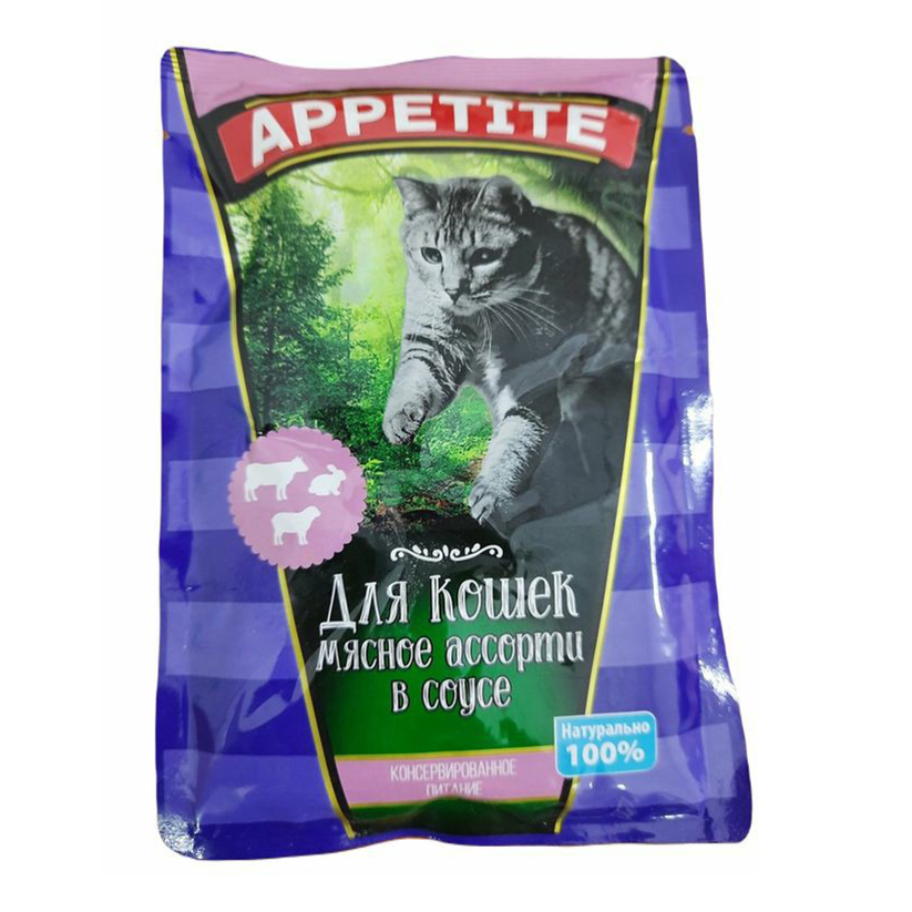 фото Корм для кошек appetite мясное ассорти в соусе 85 г